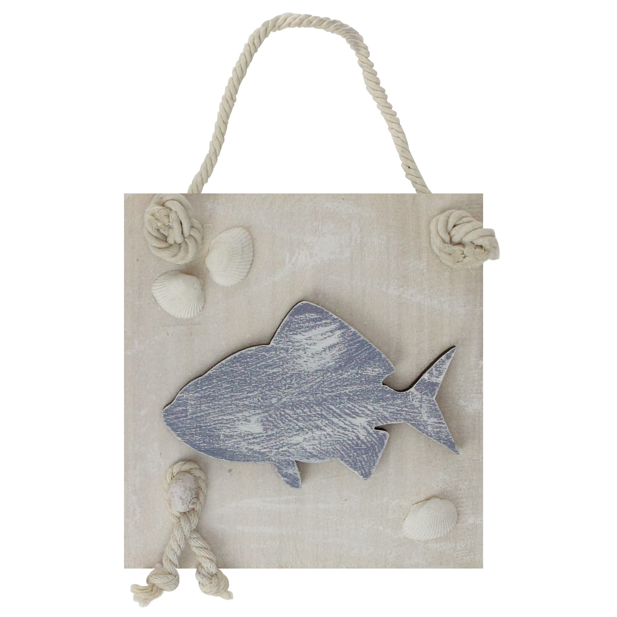 6" Blue & Beige Hanging Fish Plaque with Seashells Wall Accent
